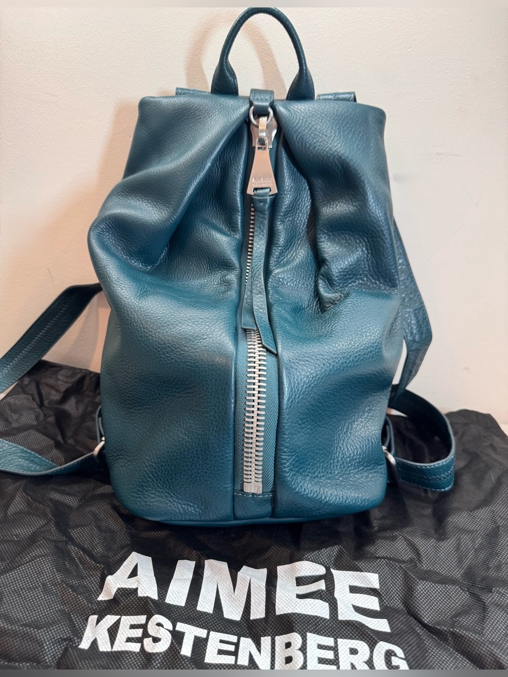 Aimee Kestenberg Teal Pebbled Leather Backpack with Silver Zipper